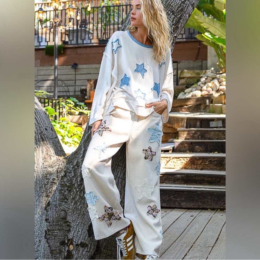 POL Cream OATMILK Star Patch Pants - Picture 1 of 7